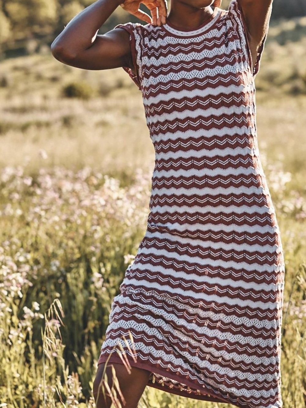 Sleeveless Chevron Knit Midi Dress in Rust and White